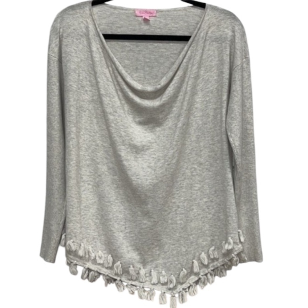Lilly Pulitzer Ferrera Pullover Sweater Cowl Drape Asymmetrical Tassel Hem Loose